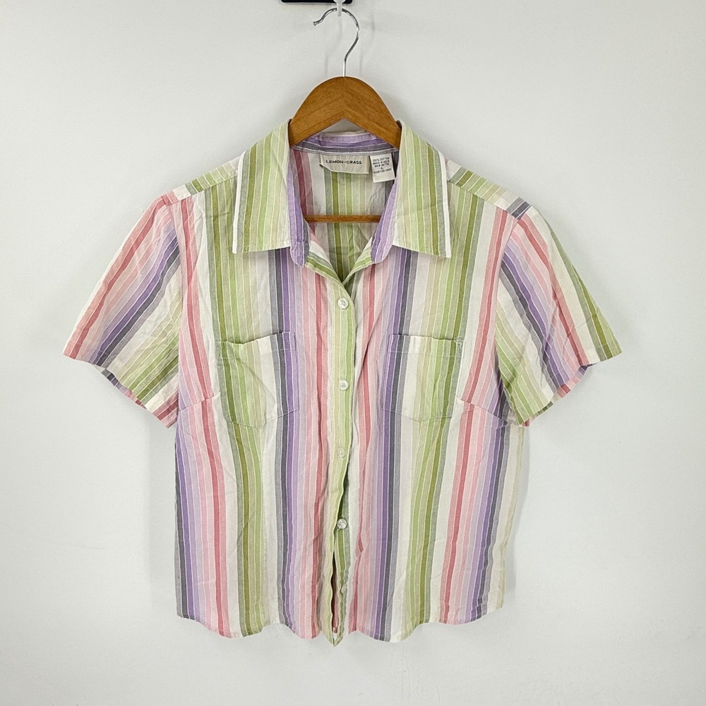 Vintage Lemon Grass Button Down Pastel Stripe Large Cotton Heritage Granola